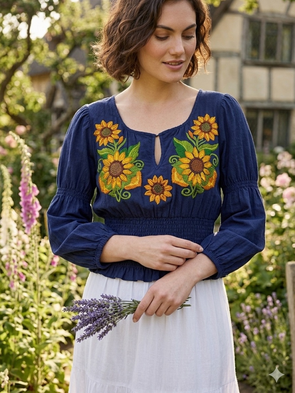 Embroidered Sunflower Peasant Top - Navy Boho Cottagecore
